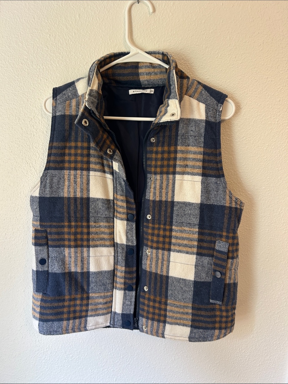 Staccato Navy, Tan & Cream Plaid Quilted Vest